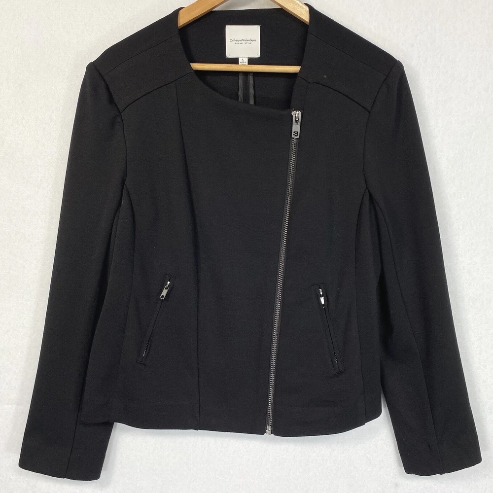 Catherine Malandrino Women L Jacket Black Runway Asymmetrical Zip Stretch Moto